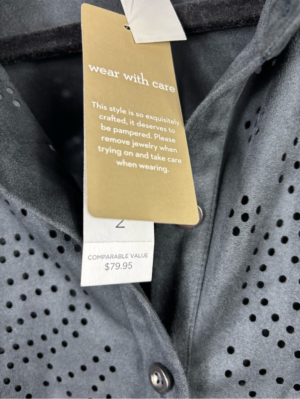 NWT Chico’s Faux Suede Easy Jacket Graphite Gray Laser Cut Perforations Sz 2 - Picture 4 of 7